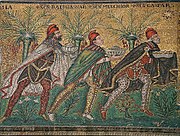 The biblical "three wise men" with Phrygian caps to identify them as "orientals". 6th-century, Basilica of Sant'Apollinare Nuovo in Ravenna, Italy.